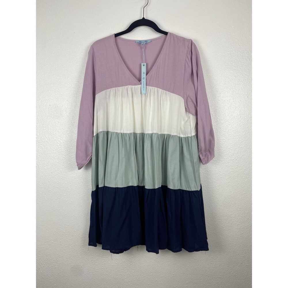 She + Sky Colorblock Tiered V-Neck Short A-Line Dress Purple Green Navy Size S